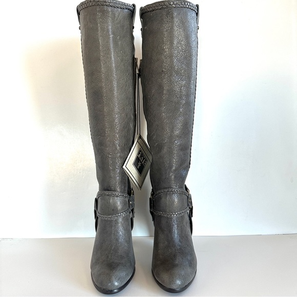 FRYE VICKI TALL GRAY DISTRESSED HARNESS BRAIDED LEATHER HIGH HEEL BOOTS NWT! Sz6 - Picture 2 of 13